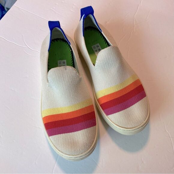 Rothy's Pink Candy Stripe white rainbow slip on sneaker shoes flats round kids 3 - Picture 3 of 12